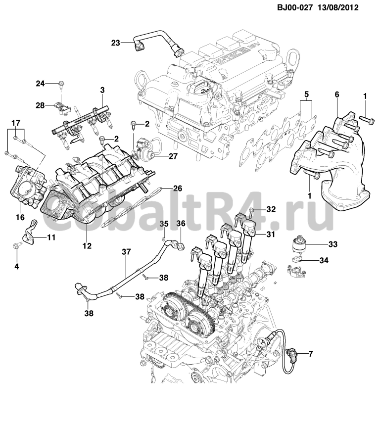 Схема размещения и установки запчастей (BJ00-027) 2013 JX69 ДВИГАТЕЛЬ В СБОРЕ -1.5L L4 ЧАСТЬ 5 КОЛЛЕКТОРЫ И СОПРЯЖЕННЫЕ ДЕТАЛИ ТОПЛИВНОЙ СИСТЕМЫ (L2C/1.5) на автомобиле Chevrolet Cobalt и Ravon R4