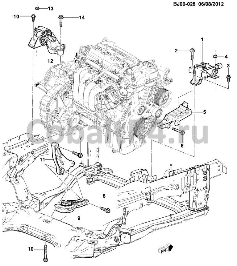 Схема размещения и установки запчастей (BJ00-028) 2013 JX69 КРЕПЛЕНИЕ ДВИГАТЕЛЯ И КОРОБКИ ПЕРЕДАЧ (L2C/1.5, АВТОМАТИЧЕСКАЯ КОРОБКА ПЕРЕДАЧ MH9) на автомобиле Chevrolet Cobalt и Ravon R4