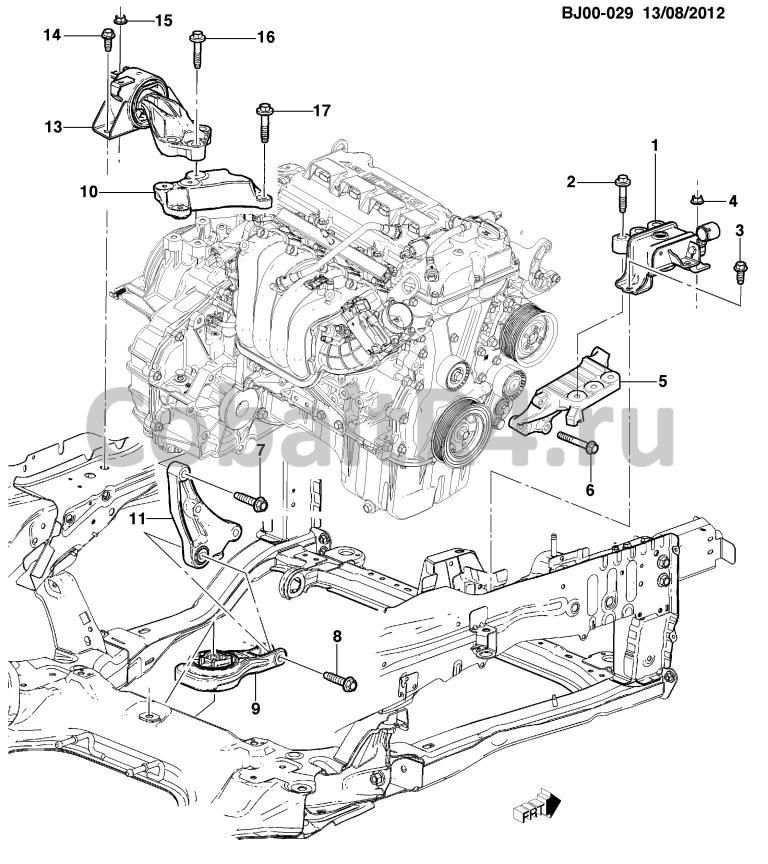 Схема размещения и установки запчастей (BJ00-029) 2013 JX69 КРЕПЛЕНИЕ ДВИГАТЕЛЯ И КОРОБКИ ПЕРЕДАЧ (L2C/1.5, МЕХАНИЧЕСКАЯ КОРОБКА ПЕРЕДАЧ MX3) на автомобиле Chevrolet Cobalt и Ravon R4