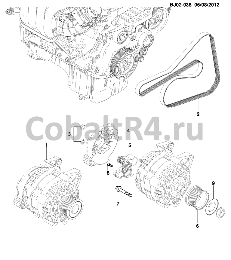 Схема размещения и установки запчастей (BJ02-038) 2013 JX69 ГЕНЕРАТОР, СБОРКА (L2C/1.5 МОНТАЖ ГЕНЕРАТОРА И СОПРЯЖЕННЫЕ ДЕТАЛИ на автомобиле Chevrolet Cobalt и Ravon R4