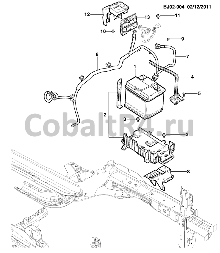 Схема размещения и установки запчастей (BJ02-004) 2013 JX69 КРЕПЛЕНИЕ АККУМУЛЯТОРА на автомобиле Chevrolet Cobalt и Ravon R4