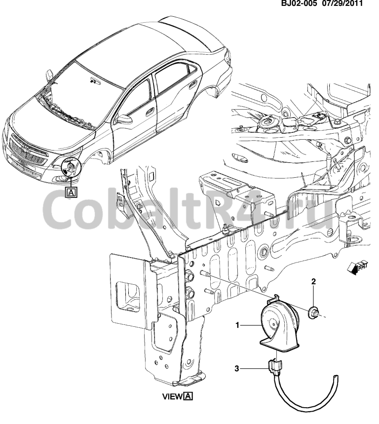 Схема размещения и установки запчастей (BJ02-005) 2013 JX69 КЛАКСОН на автомобиле Chevrolet Cobalt и Ravon R4