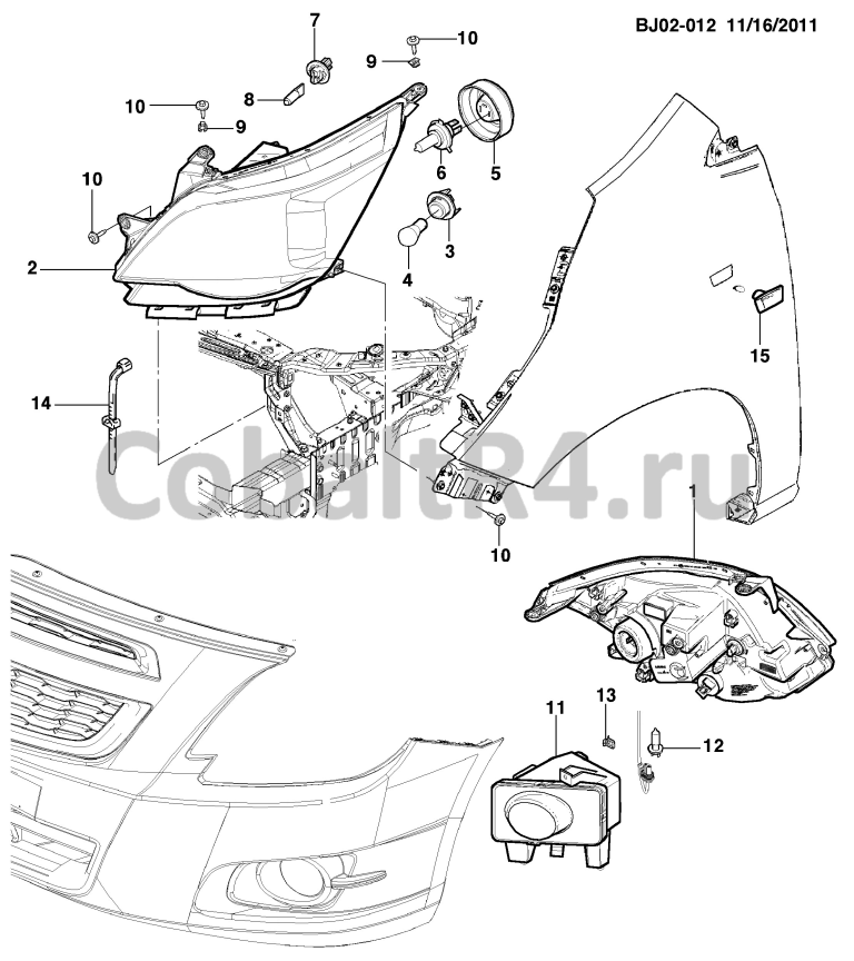Схема размещения и установки запчастей (BJ02-012) 2013 JX69 ФАРЫ ПЕРЕДНИЕ на автомобиле Chevrolet Cobalt и Ravon R4