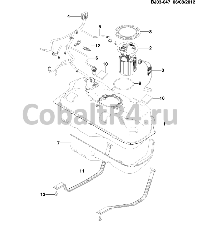 Схема размещения и установки запчастей (BJ03-047) 2013 JX69 ТОПЛИВНЫЙ БАК (И СОПРЯЖЕННЫЕ ДЕТАЛИ на автомобиле Chevrolet Cobalt и Ravon R4
