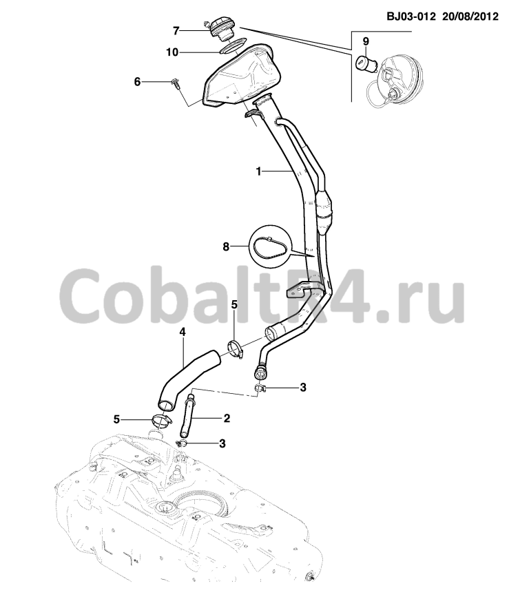 Схема размещения и установки запчастей (BJ03-012) 2013 JX69 ЗАЛИВНЫЕ ТРУБЫ И ШЛАНГИ ТОПЛИВНОГО БАКА на автомобиле Chevrolet Cobalt и Ravon R4