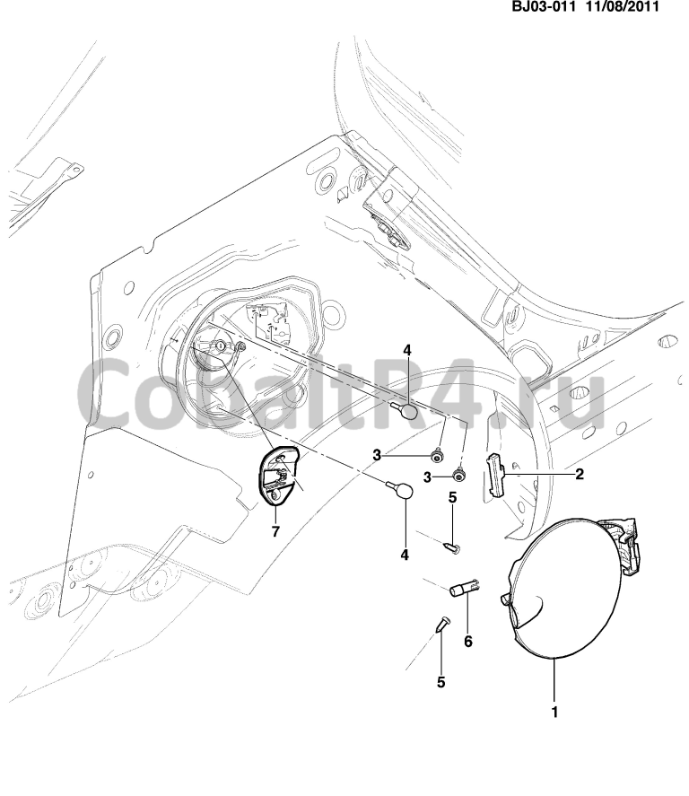 Схема размещения и установки запчастей (BJ03-011) 2013 JX69 ЛЮЧОК И ОТПУСК. ЗАПРАВОЧНОЙ ГОРЛОВИНЫ ТОПЛИВНОГО БАКА (ЛЮК, ТОПЛИВНЫЙ БАК на автомобиле Chevrolet Cobalt и Ravon R4