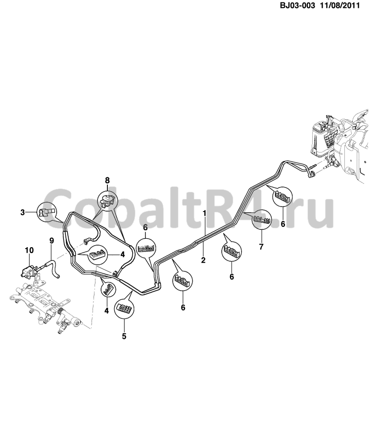 Схема размещения и установки запчастей (BJ03-003) 2013 JX69 ТОПЛИВНЫЕ МАГИСТРАЛИ на автомобиле Chevrolet Cobalt и Ravon R4