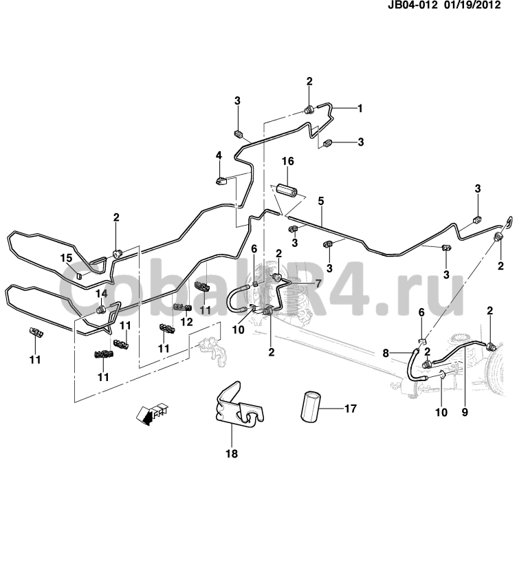 Схема размещения и установки запчастей (BJ04-012) 2013 JX69 ТОРМОЗНЫЕ МАГИСТРАЛИ ЗАДНИЕ на автомобиле Chevrolet Cobalt и Ravon R4