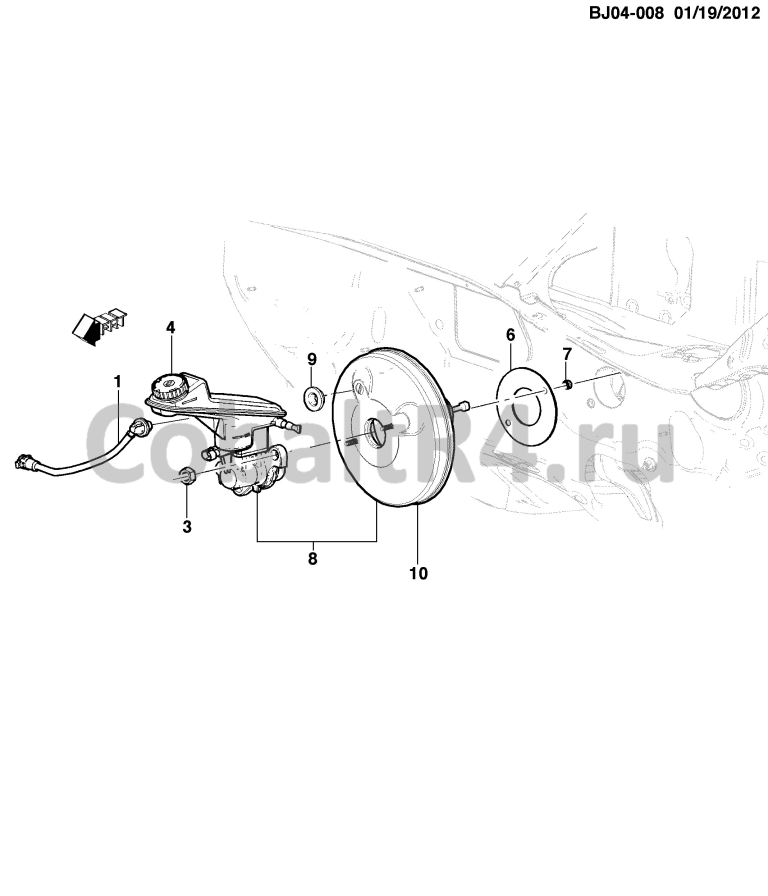 Схема размещения и установки запчастей (BJ04-008) 2013 JX69 УСТАНОВКА ТОРМОЗНОГО УСИЛИТЕЛЯ И ГЛАВНОГО ЦИЛИНДРА на автомобиле Chevrolet Cobalt и Ravon R4