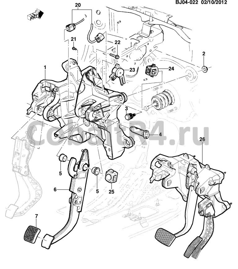 Схема размещения и установки запчастей (BJ04-022) 2013 JX69 ПЕДАЛЬ ТОРМОЗА И КРОНШТЕЙН на автомобиле Chevrolet Cobalt и Ravon R4