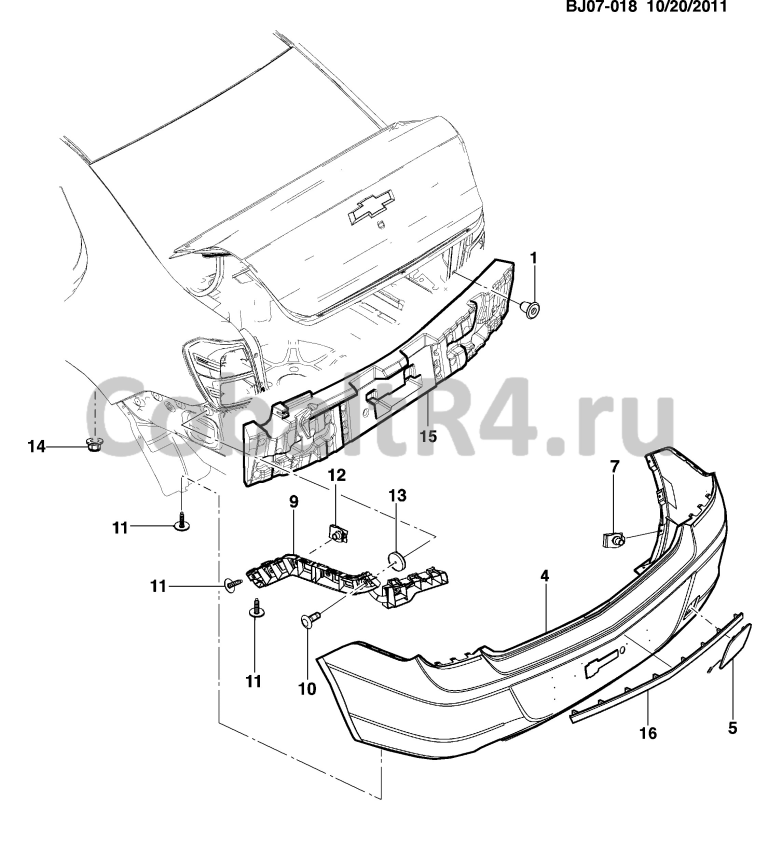 Схема размещения и установки запчастей (BJ07-018) 2013 JX69 БАМПЕР ЗАДНИЙ на автомобиле Chevrolet Cobalt и Ravon R4