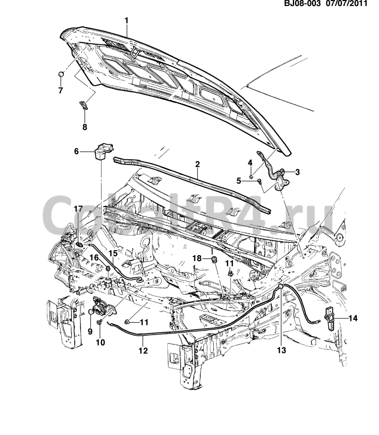 Схема размещения и установки запчастей (BJ08-003) 2013 JX69 ЛИСТОВОЙ МЕТАЛЛ И ОБОРУДОВАНИЕ/КАПОТ на автомобиле Chevrolet Cobalt и Ravon R4