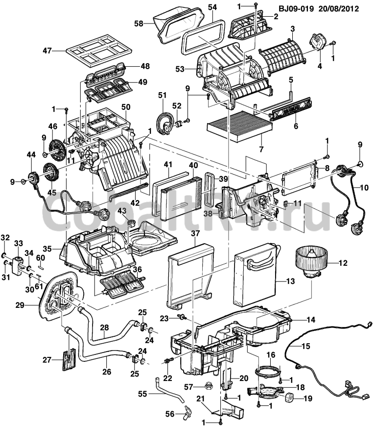 Схема размещения и установки запчастей (BJ09-019) 2013 JX69 БЛОК КОНДИЦИОНЕРА И ОБОГРЕВАТЕЛЯ В СБОРЕ на автомобиле Chevrolet Cobalt и Ravon R4