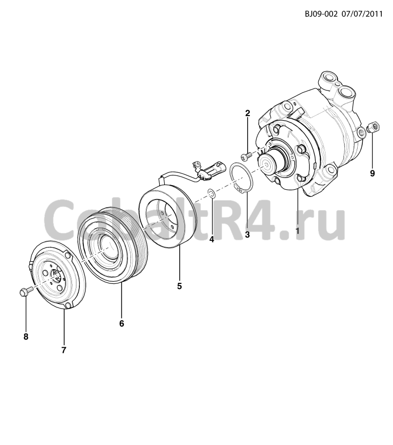 Схема размещения и установки запчастей (BJ09-002) 2013 JX69 КОМПРЕССОР КОНДИЦИОНЕРА В СБОРЕ на автомобиле Chevrolet Cobalt и Ravon R4