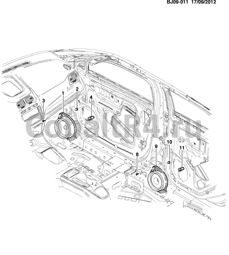 Схема размещения и установки запчастей (BJ09-011) 2013 JX69 АУДИОСИСТЕМА/ДИНАМИКИ на автомобиле Chevrolet Cobalt и Ravon R4