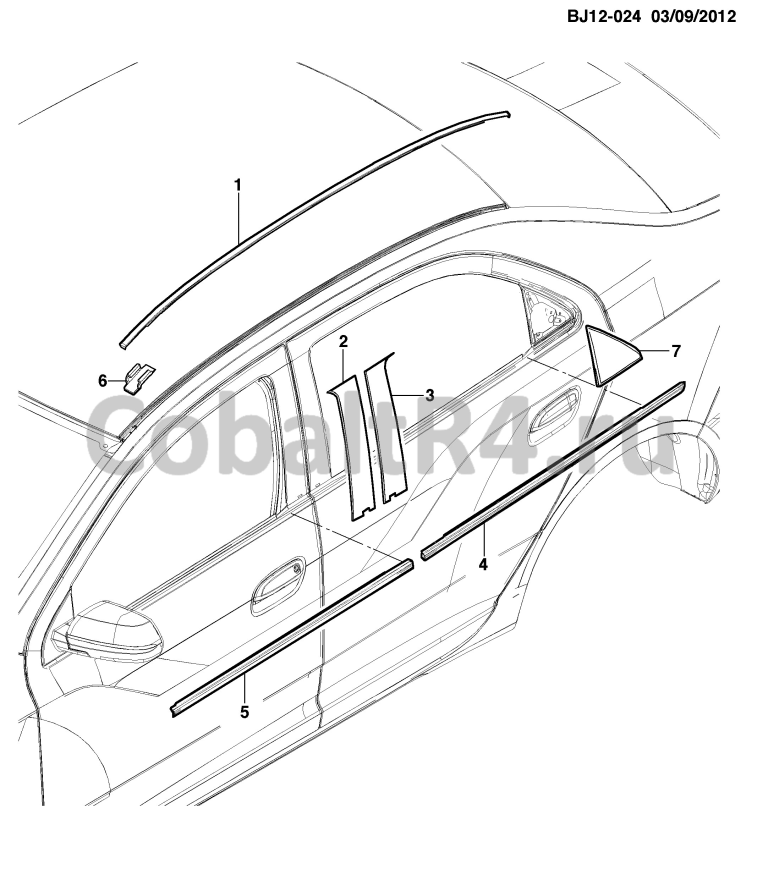 Схема размещения и установки запчастей (BJ12-024) 2013 JX69 МОЛДИНГИ/КУЗОВ на автомобиле Chevrolet Cobalt и Ravon R4