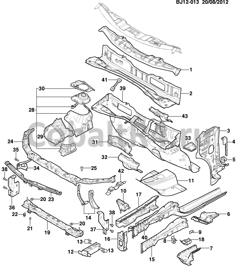 Схема размещения и установки запчастей (BJ12-013) 2013 JX69 ЛИСТОВОЙ МЕТАЛЛ КУЗОВА ЧАСТЬ 1 МОТОРНЫЙ ОТСЕК на автомобиле Chevrolet Cobalt и Ravon R4