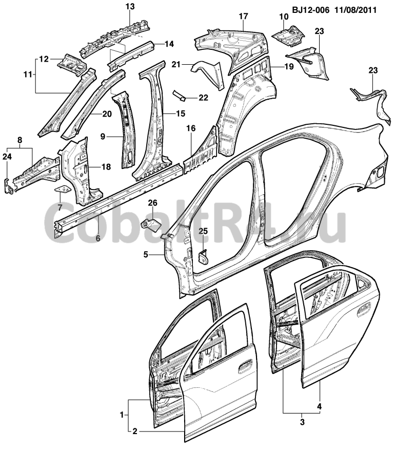Схема размещения и установки запчастей (BJ12-006) 2013 JX69 ЛИСТОВОЙ МЕТАЛЛ КУЗОВА ЧАСТЬ 6 БОКОВИНА И ДВЕРИ на автомобиле Chevrolet Cobalt и Ravon R4