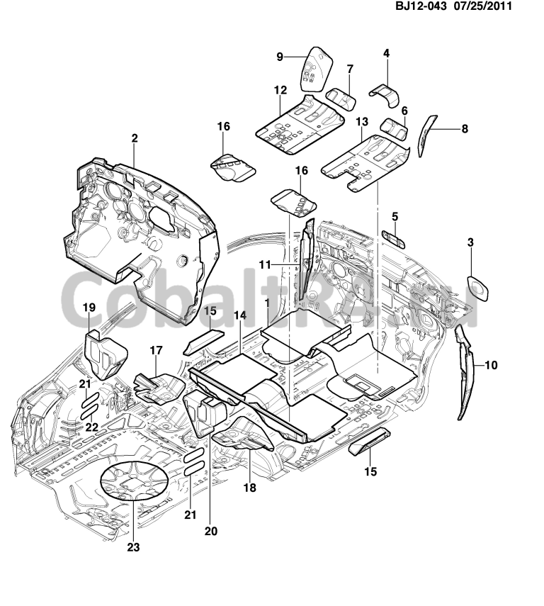 Схема размещения и установки запчастей (BJ12-043) 2013 JX69 ИЗОЛЯЦИЯ/КУЗОВА на автомобиле Chevrolet Cobalt и Ravon R4