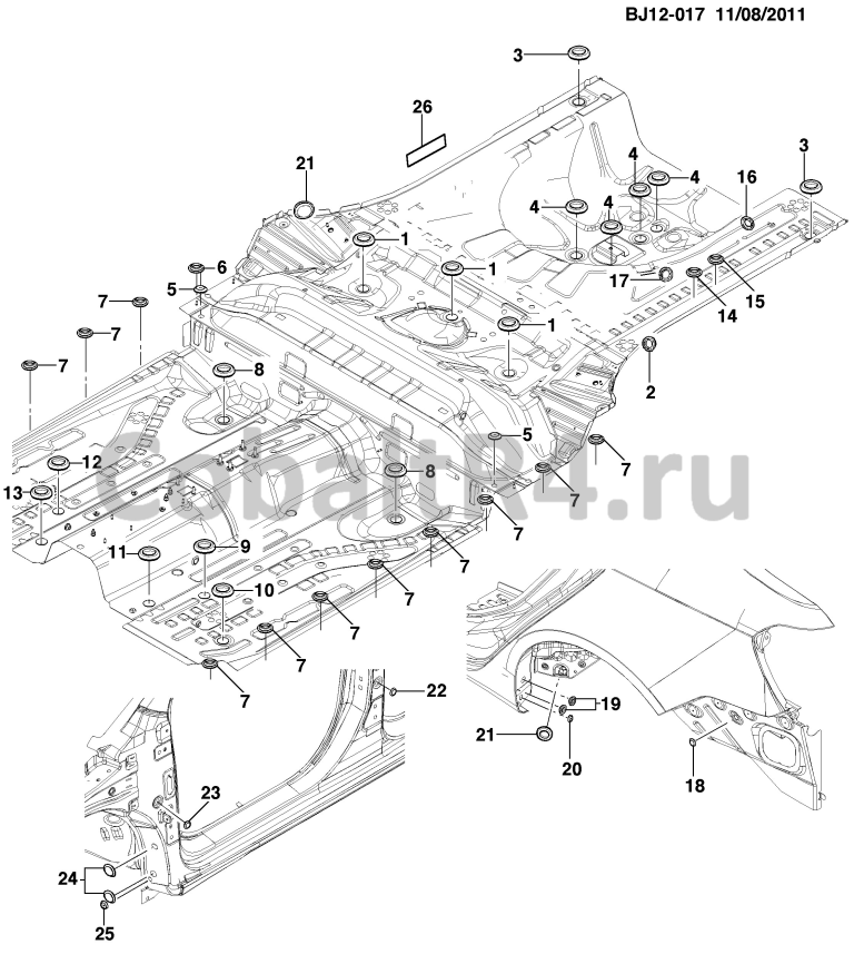 Схема размещения и установки запчастей (BJ12-017) 2013 JX69 ЗАГЛУШКА/КУЗОВ на автомобиле Chevrolet Cobalt и Ravon R4