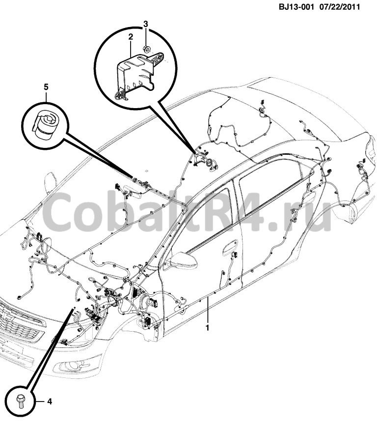 Схема размещения и установки запчастей (BJ13-001) 2013 JX69 ЭЛЕКТРОПРОВОДКА, КУЗОВ на автомобиле Chevrolet Cobalt и Ravon R4