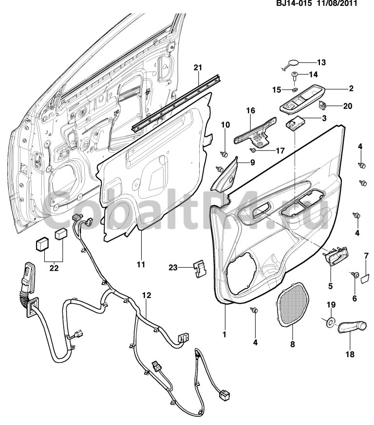Схема размещения и установки запчастей (BJ14-015) 2013 JX69 ОТДЕЛКА ПЕРЕДНЕЙ ДВЕРИ ПАССАЖИРА на автомобиле Chevrolet Cobalt и Ravon R4