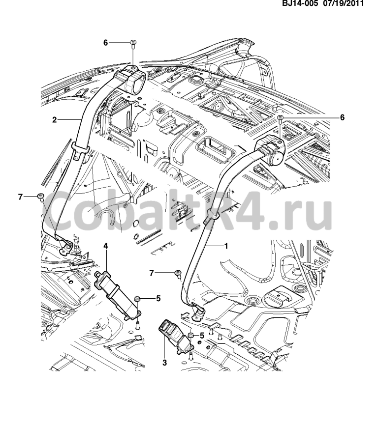 Схема размещения и установки запчастей (BJ14-005) 2013 JX69 РЕМНИ БЕЗОПАСНОСТИ / ЗАДНИЕ на автомобиле Chevrolet Cobalt и Ravon R4
