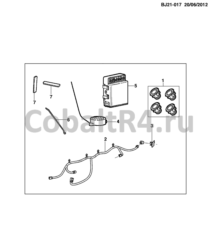 Схема размещения и установки запчастей (BJ21-017) 2013 JX69 ВСПОМОГАТЕЛЬНЫЙ КОМПЛЕКТ ЗАДНИЙ ДАТЧИК ОБЪЕКТА, КОМПЛЕКТ на автомобиле Chevrolet Cobalt и Ravon R4